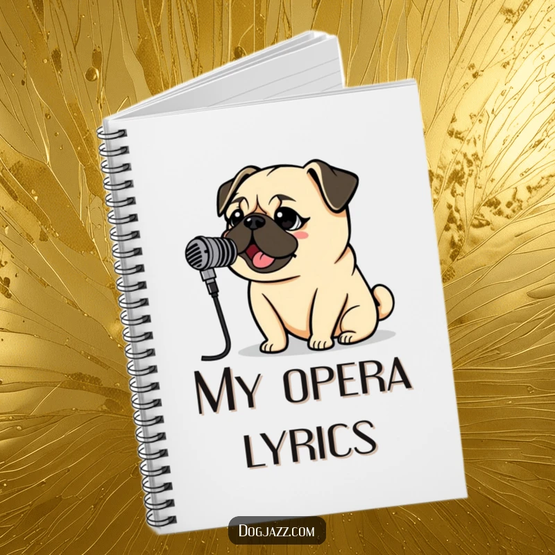 Funny Pug Rockstar Notebook featuring a pug singing into a vintage microphone, ideal for capturing lyrics and musical ideas.