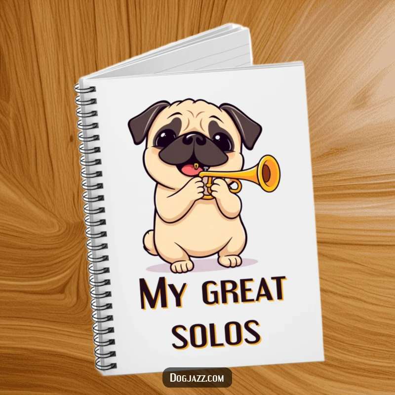 Funny pug playing a cheerful trumpet solo, a lined notebook for writing and drawing. Inspires musical ideas and creativity.