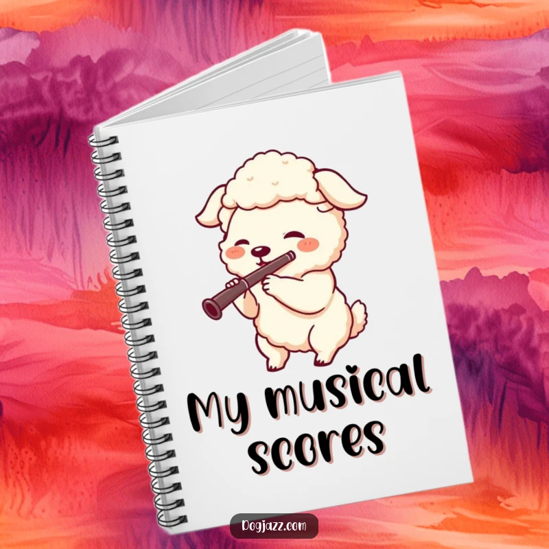 Funny spiral notebook cover featuring a joyful sheepdog character playing a clarinet, ideal for jotting down musical ideas.