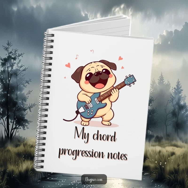 Funny spiral notebook cover featuring an excited pug character playing a jazz guitar, ideal for jotting down musical ideas.