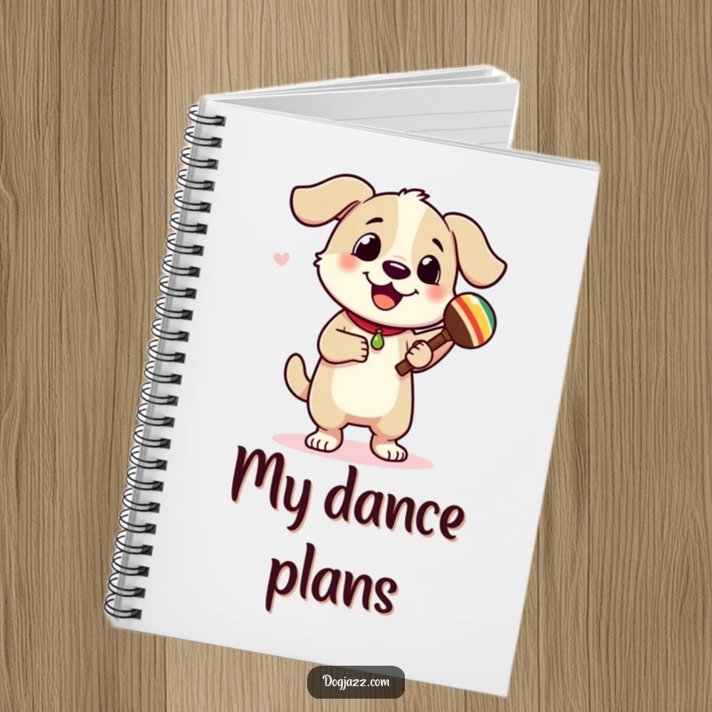 Funny dog character wildly dancing while playing maracas, a lined notebook for creative writing and planning. Inspires fun.