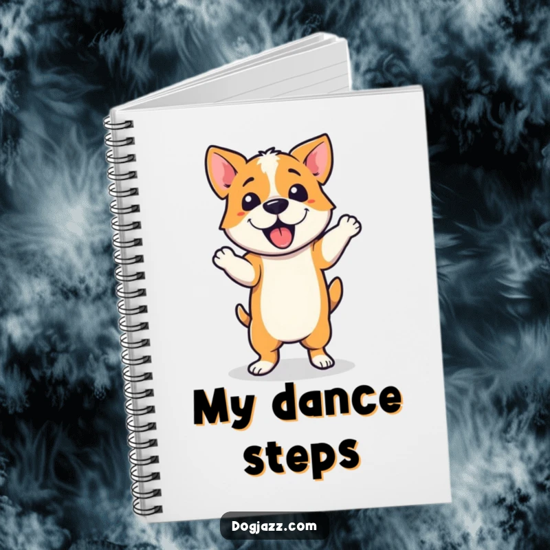 Funny Notebook cover featuring a dog performing a jazzy dance step, perfect for writing down choreography, ideas, and creative plans.