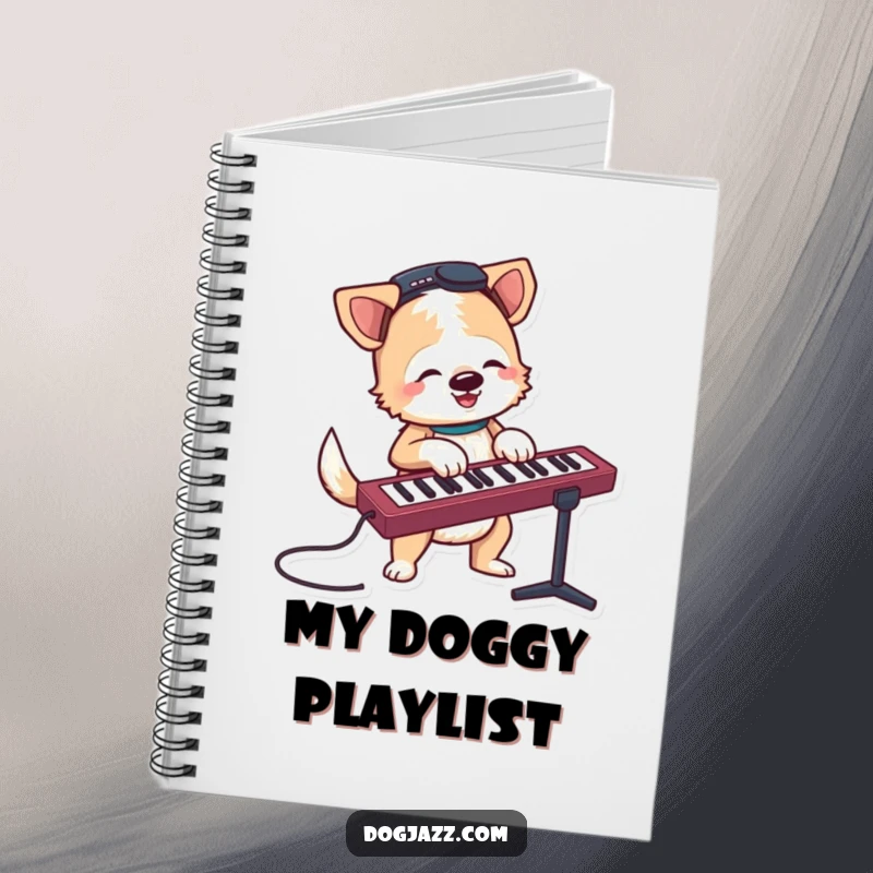 Funny terrier character jamming on a keyboard with a wagging tail, a humorous and practical notebook.