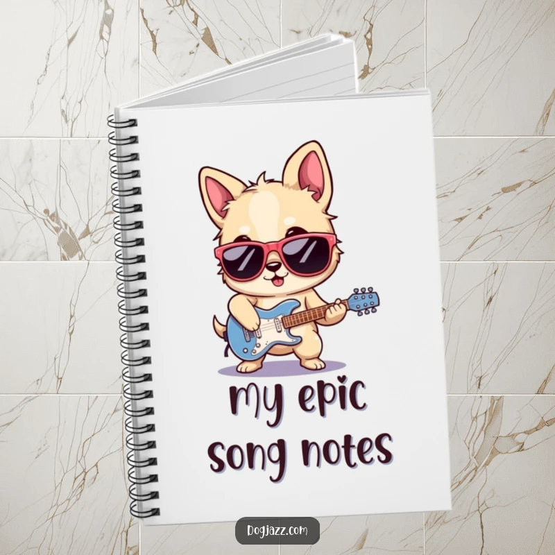 Funny rocker dog notebook, sunglasses on, playing electric guitar, ideal for jotting down lyrics and musical inspiration.