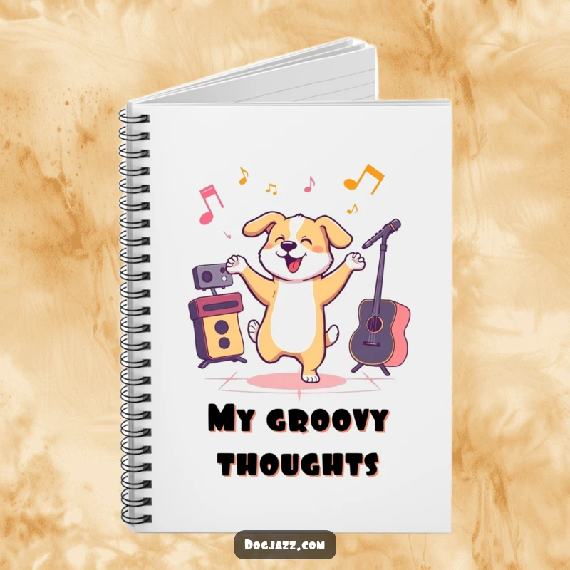 Funny dog dancing to jazz music, a humorous notebook for ideas.
