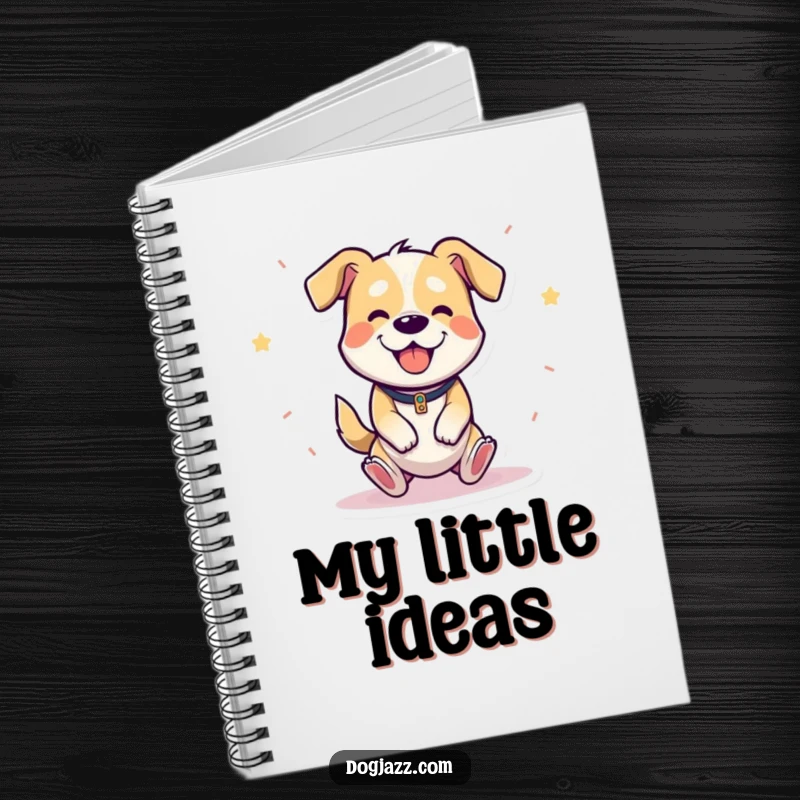 Funny notebook with a cheerful cartoon dog happily bouncing and playing the triangle, ready for notes.