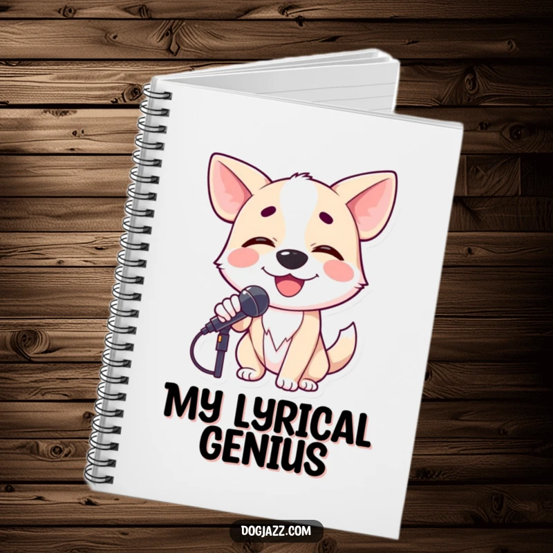 Funny dog crooning into a microphone with closed eyes, a musical inspiration for lyrics and notes in a notebook.
