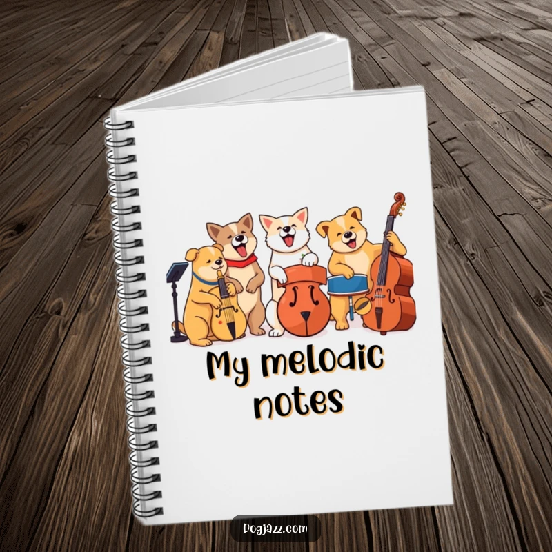 Funny jazz dog band playing instruments, notebook for musical notation and creative writing.