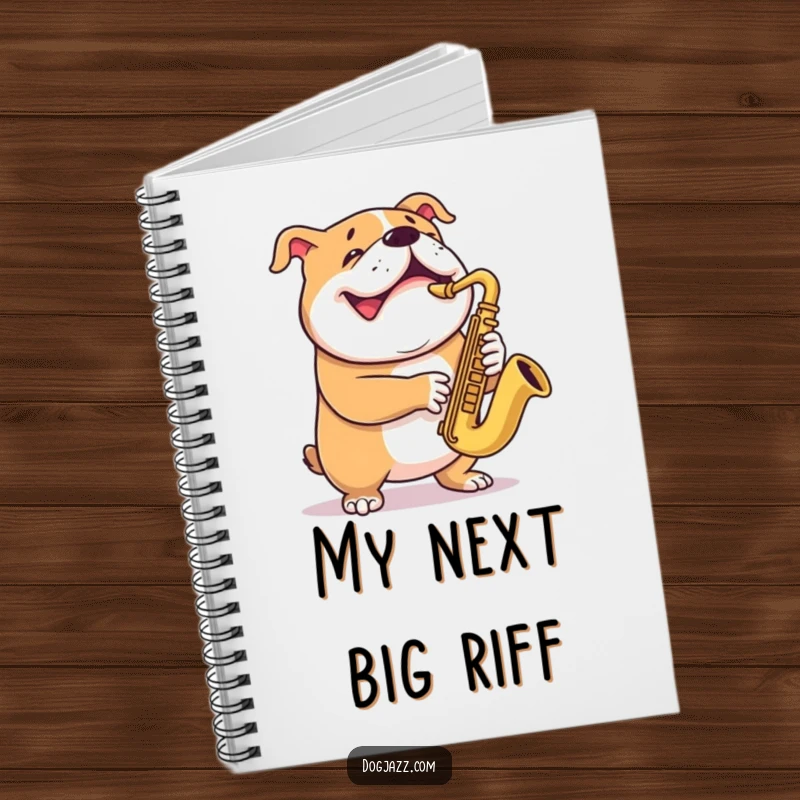 Funny bulldog notebook with a grinning dog expertly playing the saxophone, perfect for jotting down notes.