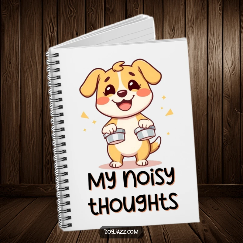 Funny dog character energetically playing cymbals with a smile, a humorous and practical notebook.