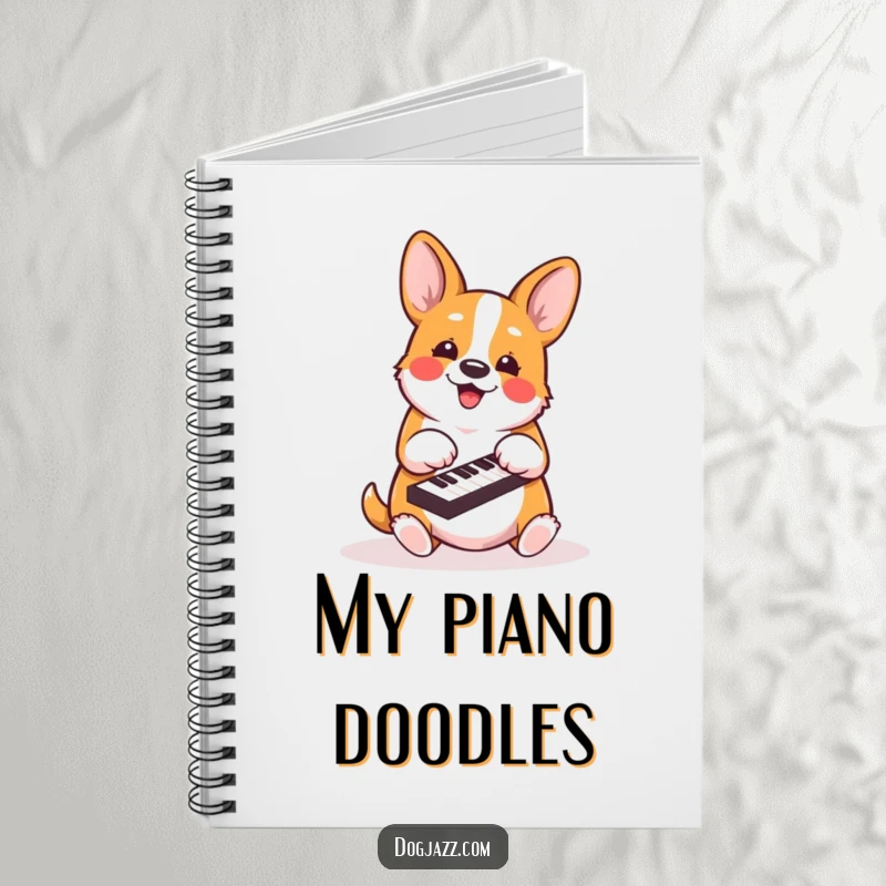 Funny corgi notebook featuring an energetic dog enthusiastically playing piano keys with its paws, perfect for writing.