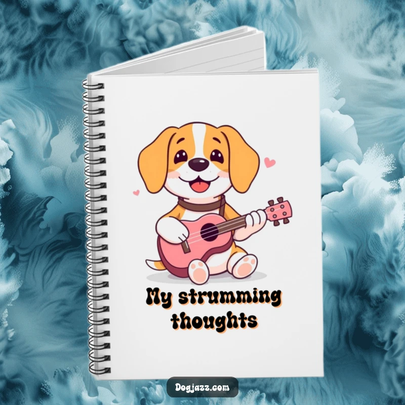 Funny beagle notebook featuring a happy dog strumming a ukulele, ideal for note-taking and song writing.