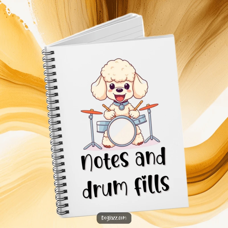 Funny poodle notebook featuring a joyful dog energetically playing a tiny drum set, perfect for creative writing.