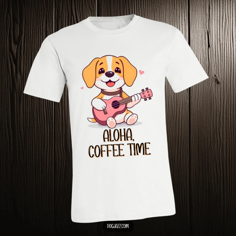 Funny beagle t-shirt featuring a happy dog happily strumming a ukulele, radiating pure joy and musicality.
