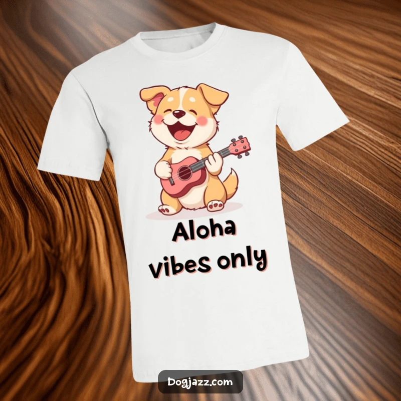 Funny dog t-shirt showing a happy dog strumming a small ukulele with pure delight.