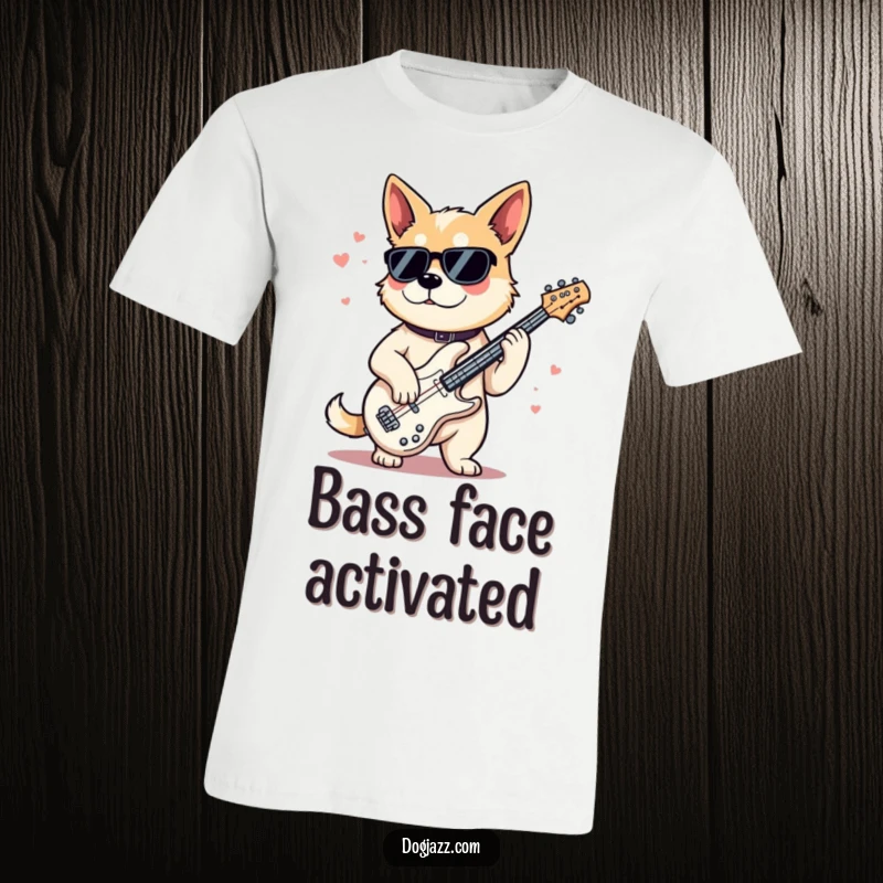 Funny T-Shirt depicting a dog with a cool, confident expression playing a jazz bass, exuding effortless style and musical talent.