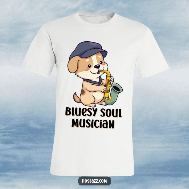 Funny dog t-shirt featuring a dog in a beret playing a bluesy saxophone, showcasing cool jazz style, great apparel.
