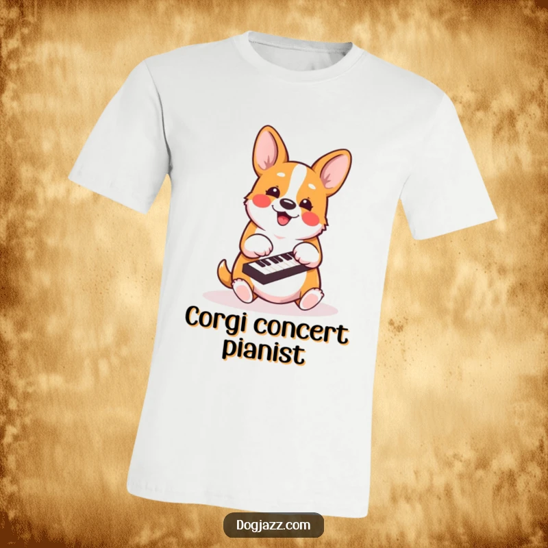 Funny corgi t-shirt showcasing an energetic dog energetically playing piano keys with its paws in a lively manner.
