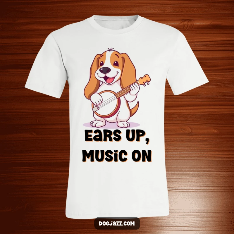 Funny Basset Hound Banjo T-Shirt: A basset hound with long ears joyfully playing a banjo, capturing a rustic musical spirit.