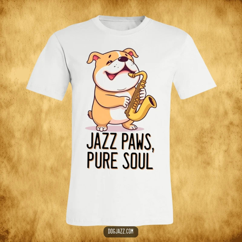 Funny bulldog t-shirt showcasing a joyful dog energetically playing the saxophone with a wide, happy grin.
