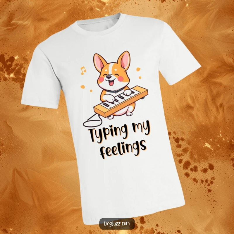 Funny Corgi t-shirt with a corgi character happily typing on a computer keyboard, a humorous design for tech enthusiasts.