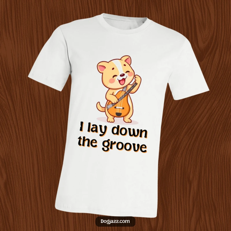 Funny Dog Bass Player T-Shirt, a joyful dog plays a bass guitar with a happy, bouncing rhythm, perfect for music fans.
