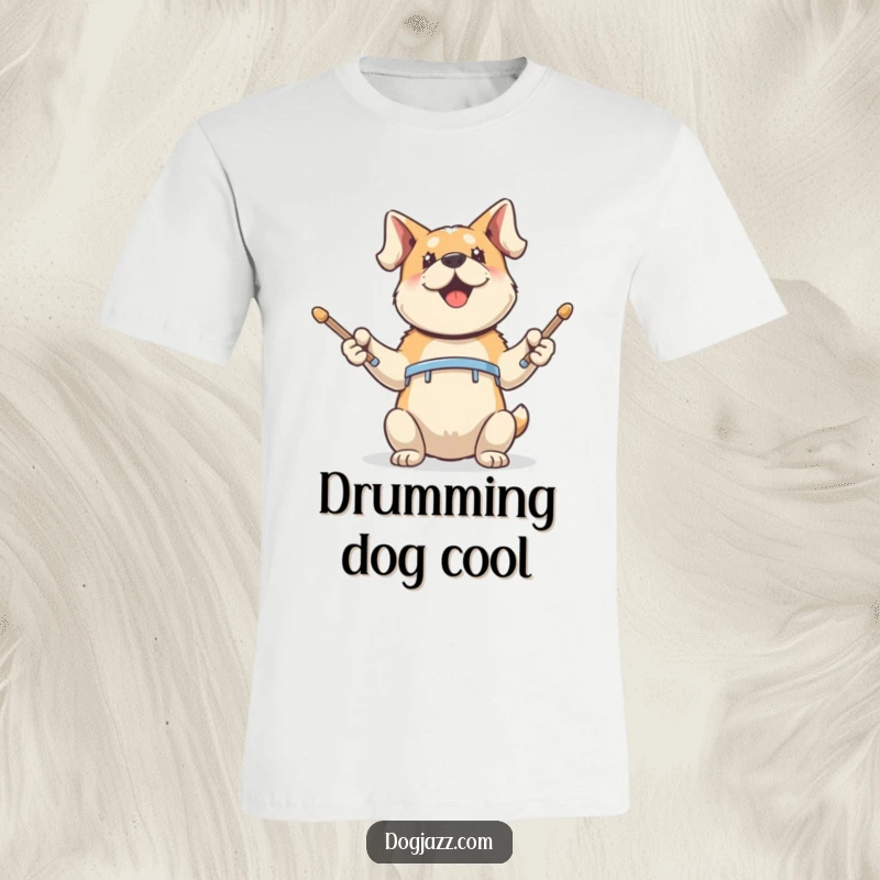 Funny T-Shirt: an energetic dog tapping drumsticks with its front paws, showcasing musical passion and canine fun.
