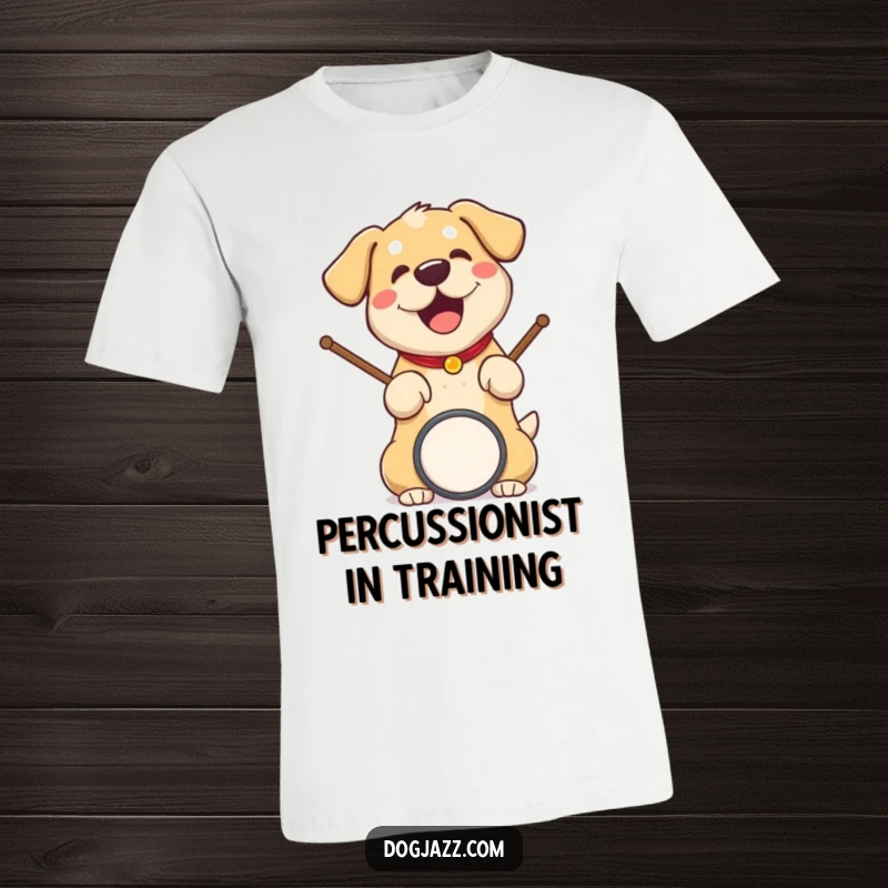 Funny dog t-shirt featuring a dog with drumsticks, enthusiastically tapping out a beat with a smile.