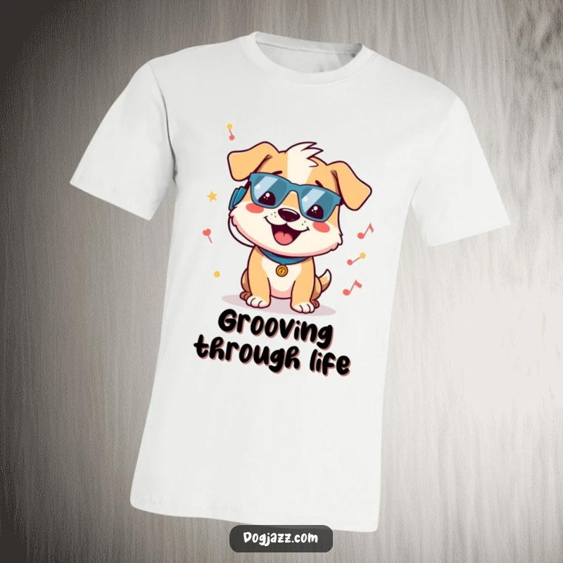 Funny dog t-shirt showcasing a cheerful dog character enthusiastically bopping its head to an infectious groovy beat, full of life and rhythm.