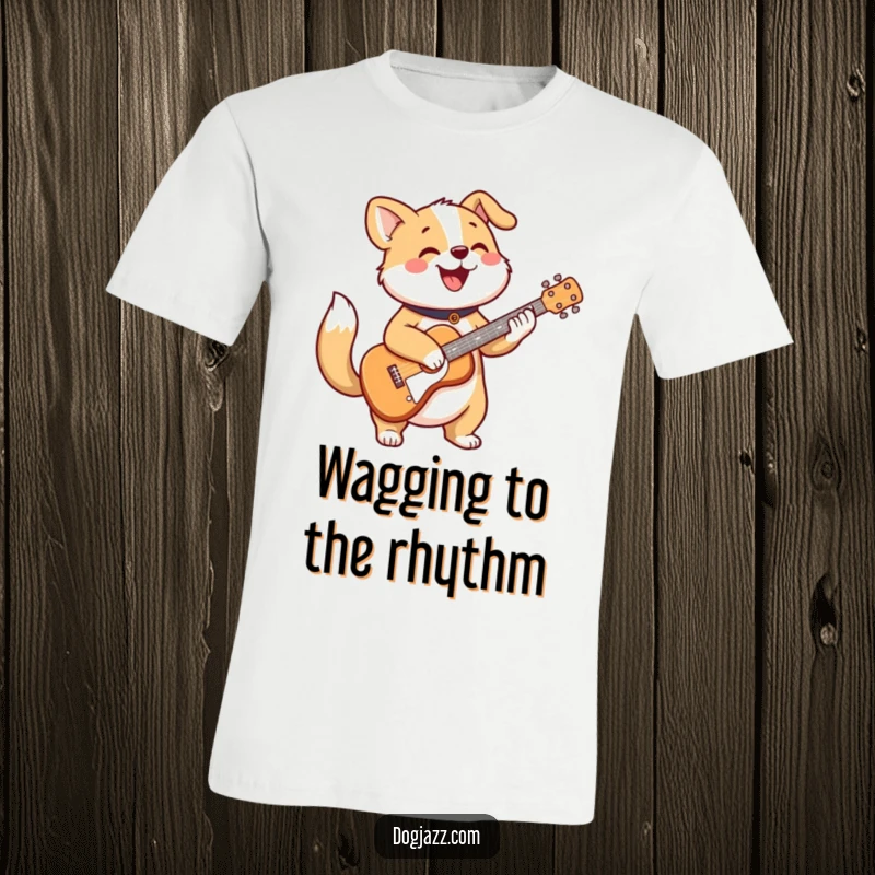 Funny t-shirt depicting a cheerful dog strumming a guitar with an enthusiastically wagging tail.