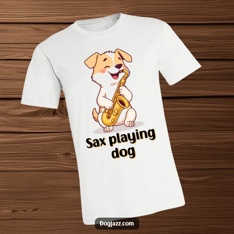 Funny T-Shirt: a happy dog playing a tenor saxophone with crossed paws, showcasing musical talent and canine cool.