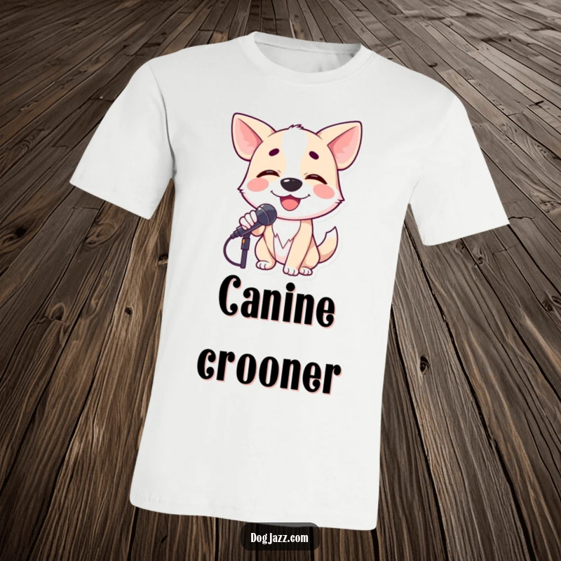 Funny dog smiling and crooning into a microphone with closed eyes, a soulful performer on a t-shirt.