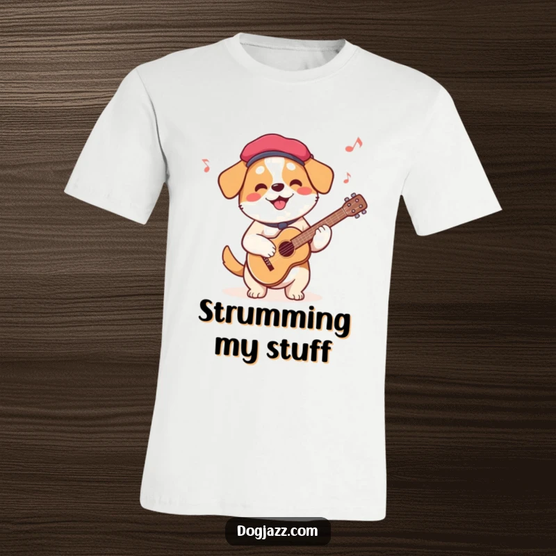 Funny French Dog Guitar T-Shirt depicting a dog in a beret playing a guitar, embodying cheerful musical artistry.