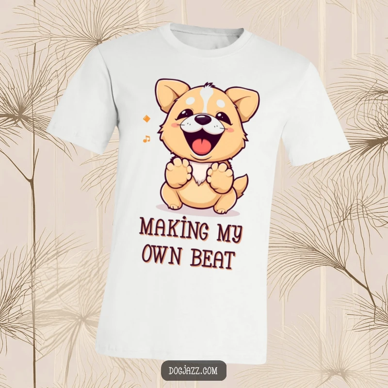 Funny dog joyfully barking a rhythm with its paws. Humorous t-shirt for dog owners.