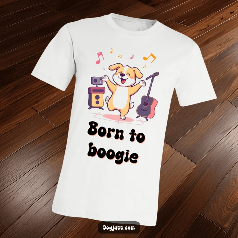 Funny dog joyfully dancing to jazz music. Humorous t-shirt for music fans.