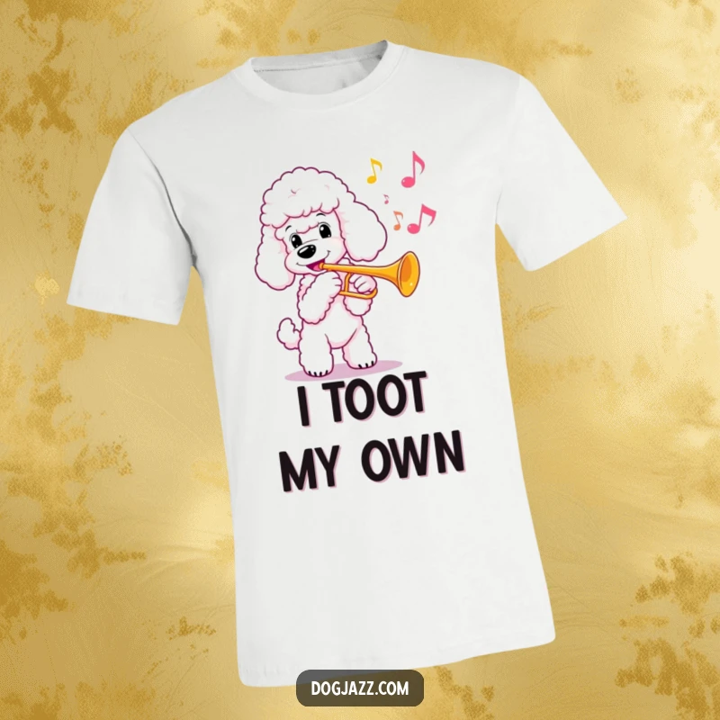 Funny poodle playing a trumpet with a joyful expression, elegant notes, on a t-shirt, a fantastic funny gift.
