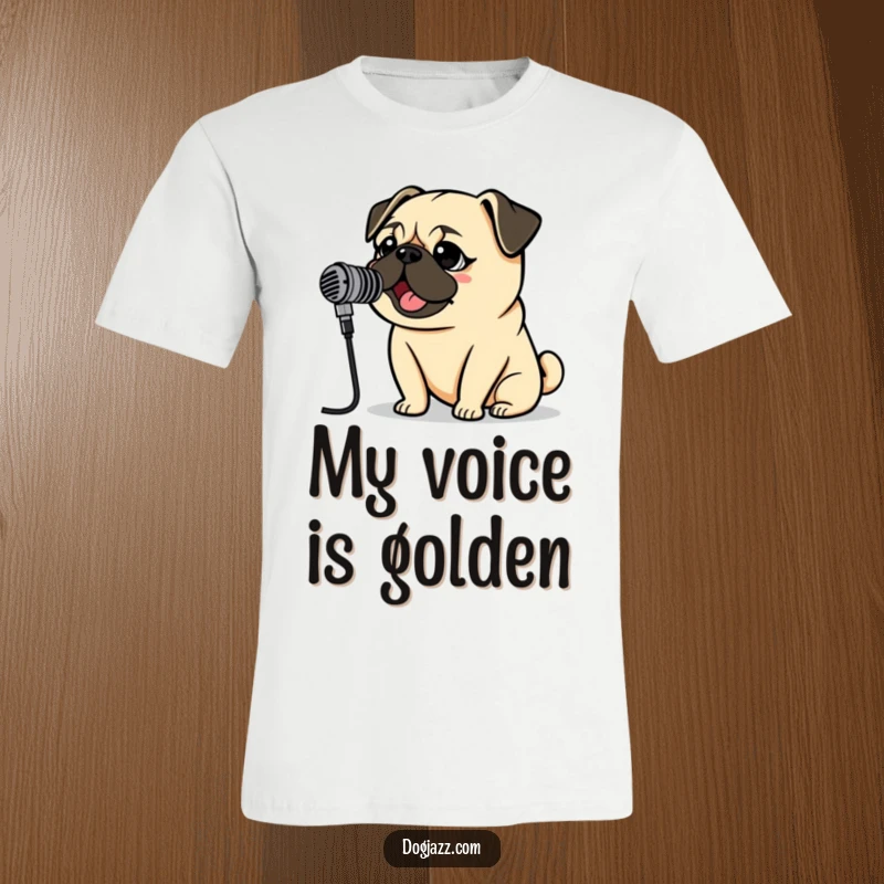Funny Pug Rockstar T-Shirt depicting a pug belting into a vintage microphone, showcasing a flair for dramatic singing.