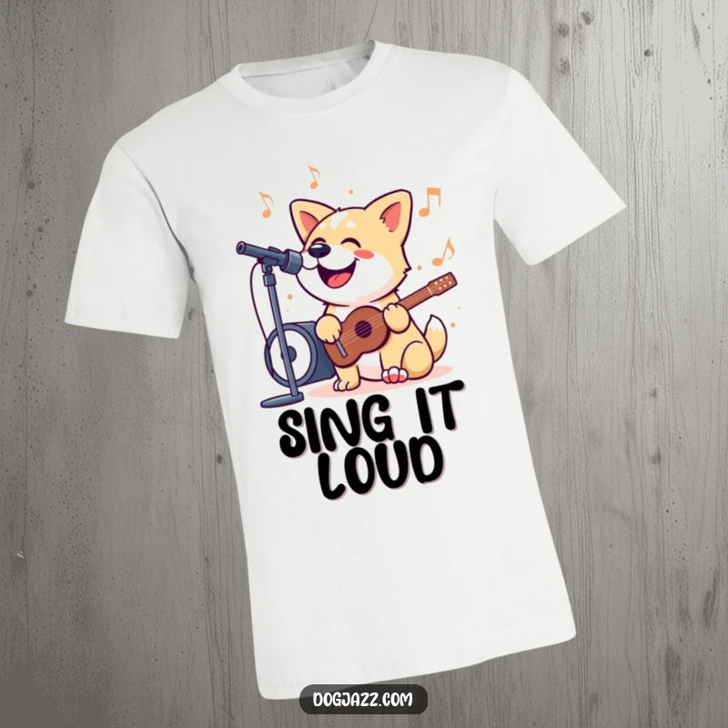Funny T-Shirt featuring a dog gleefully singing along to a jazzy tune, capturing a moment of pure vocal joy and musical expression.