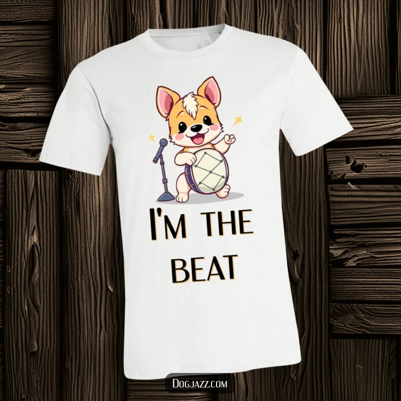 Funny Terrier Drummer T-Shirt depicting an enthusiastic terrier pounding on a drum, showcasing pure musical energy.
