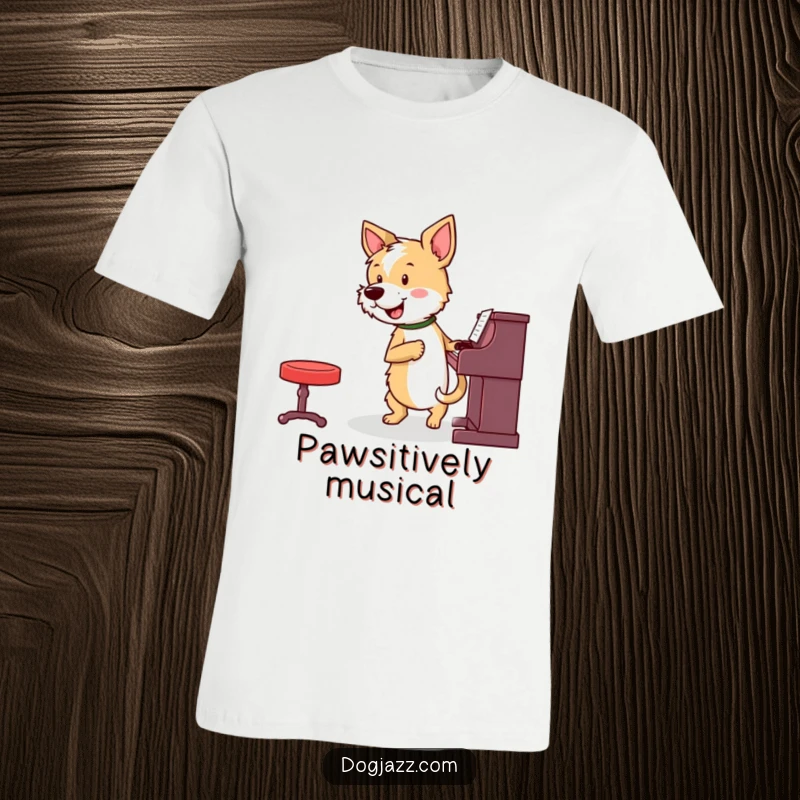 Funny terrier playing piano with great energy and wagging tail on a t-shirt, a fantastic funny gift.