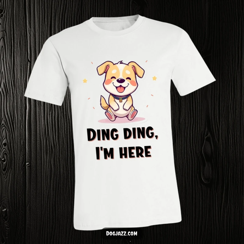 Funny t-shirt featuring a cheerful cartoon dog energetically bouncing and playing the triangle with glee.
