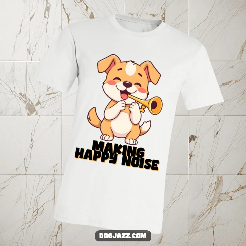 Funny t-shirt featuring a happy dog playing a trumpet with a contagiously wagging tail, full of musical energy.