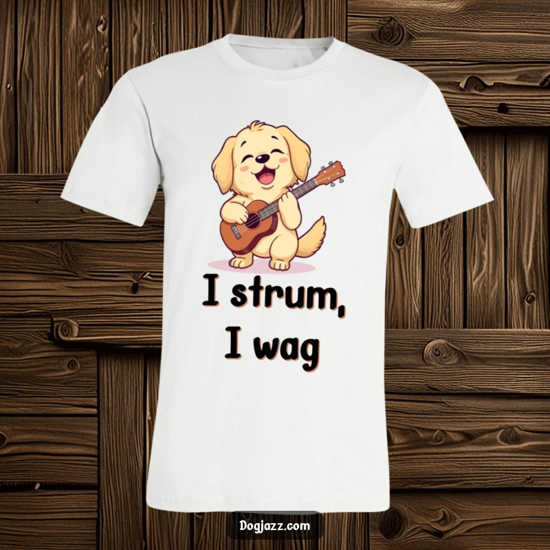Funny golden retriever strumming a ukulele with a big smile on a t-shirt, a fantastic funny gift.