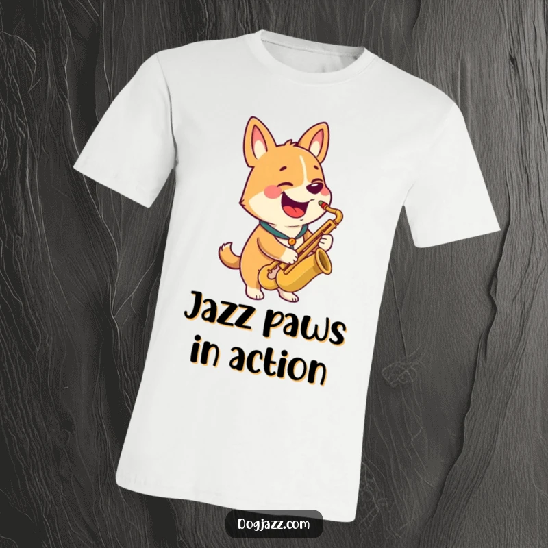 Funny t-shirt showing a happy dog character playing a saxophone with a wide, infectious grin.