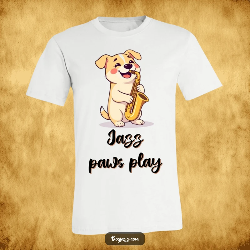 Funny T-Shirt: A happy dog sits calmly, playing a tenor saxophone with crossed paws, embodying cool canine musicality.