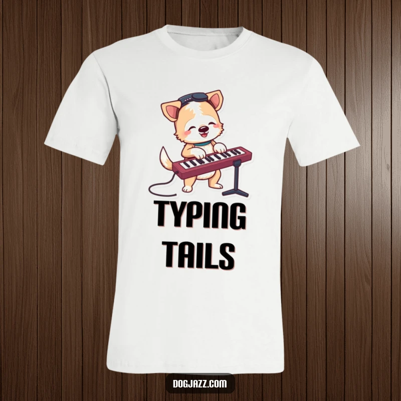 Funny terrier character jamming on a keyboard with a wagging tail, a humorous music t-shirt.