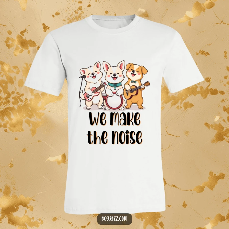 Funny Dog Jam Session T-Shirt, a group of ecstatic dogs play instruments together, creating a joyful band vibe.
