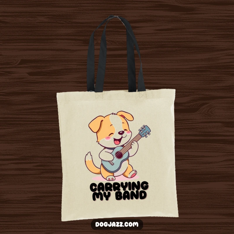 Funny tote bag featuring a dog with a wagging tail enthusiastically playing a tiny guitar, perfect for music lovers.