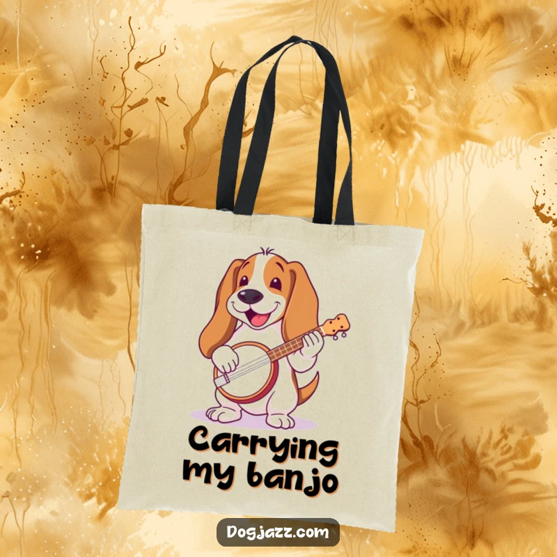 Funny Basset Hound Banjo Tote Bag: A basset hound with long ears, joyfully playing a banjo, perfect for carrying essentials.