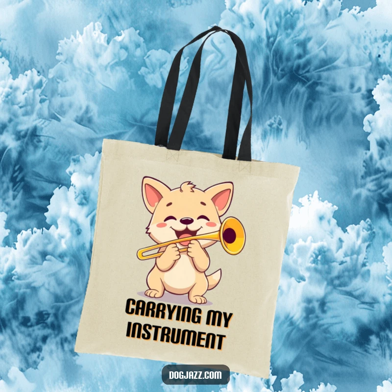 Funny Dog Trombone Player Tote Bag: A happy dog character energetically playing a trombone, perfect for carrying essentials with musical flair.